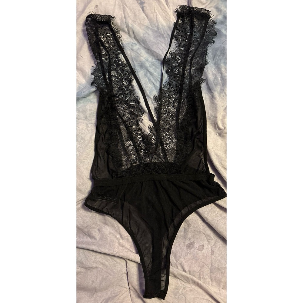 The Escante Collection Black Eyelash Lace Rhinestoned‎ Lingerie Bodysuit, Small